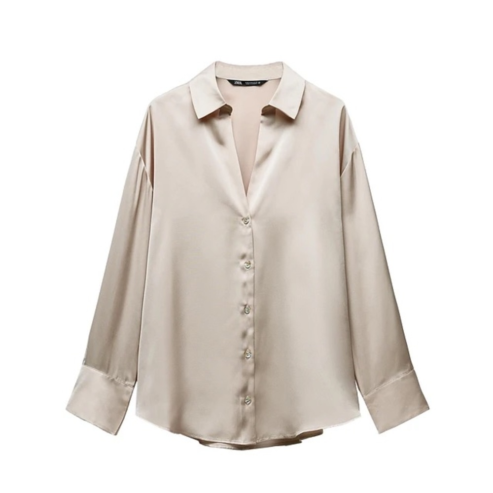 NWT Zara Home Satin Effect Shirt Long Sleeve Button Down with Notched Collar